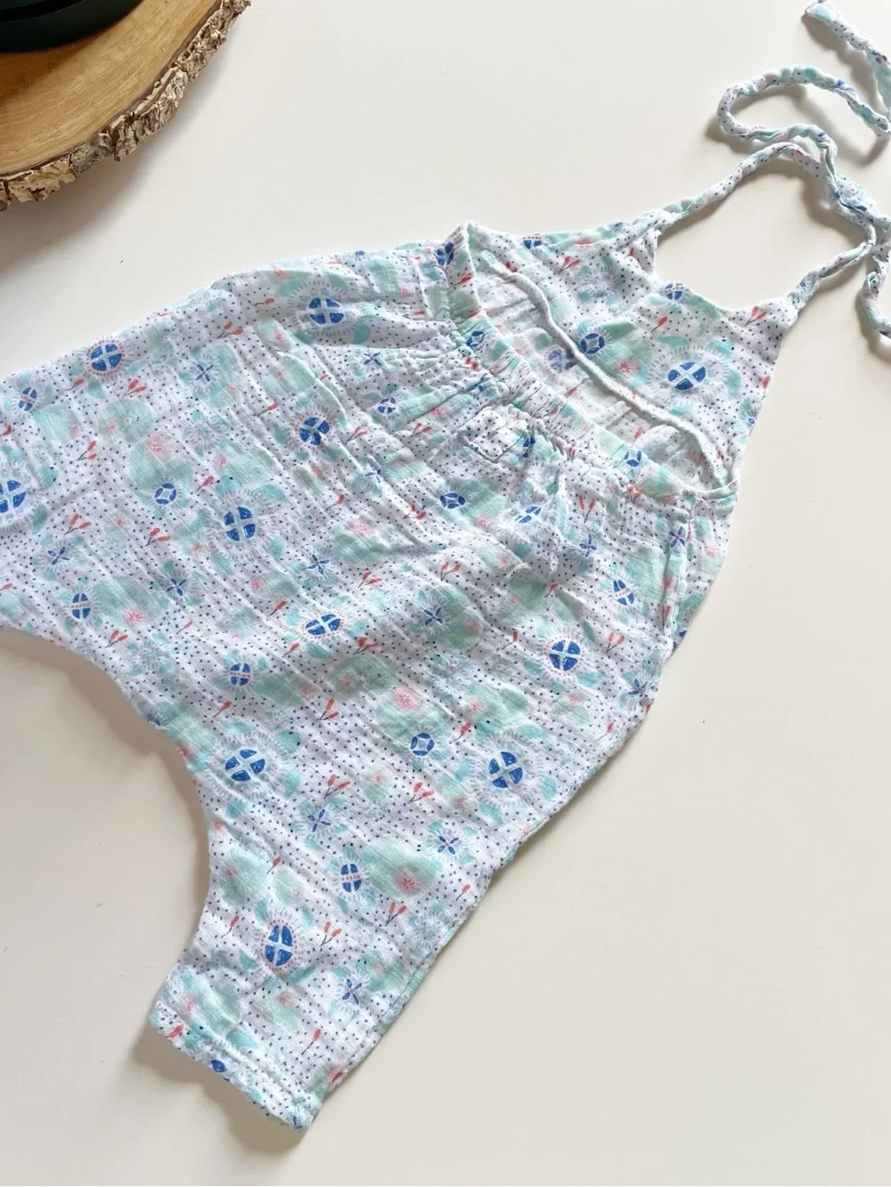 Angel Dear Organic White Muslin Halter Romper with Blue and Mint Print | 6-12m